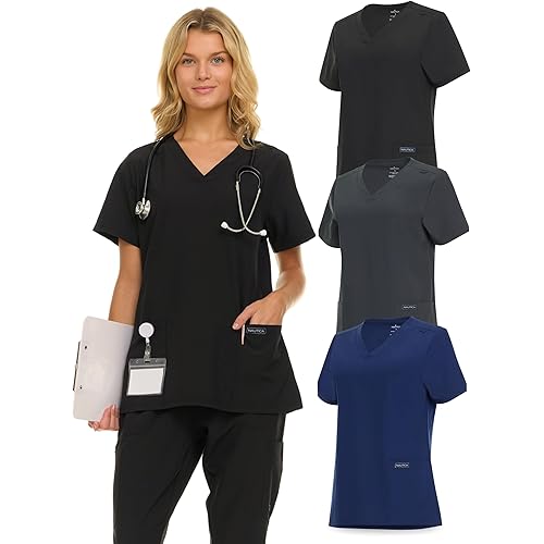 Nautica Womens Scrubs Tops, V-Neck Breathable Scrub Tops Women, 3 Pocket Stretch Fabric Scrubs for Women, Medical Scrub Shirt