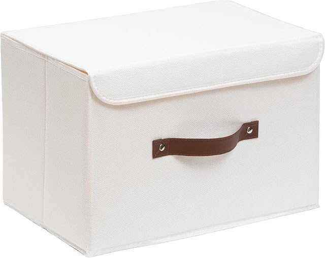 OUTBROS Large Collapsible Storage Box with Lid, Linen Fabric Clothing Shelf Basket Bins Toy Box For Towels, Books, Clothes 15 x 9.8 x 9.8 inch (White, 1-Pack)
