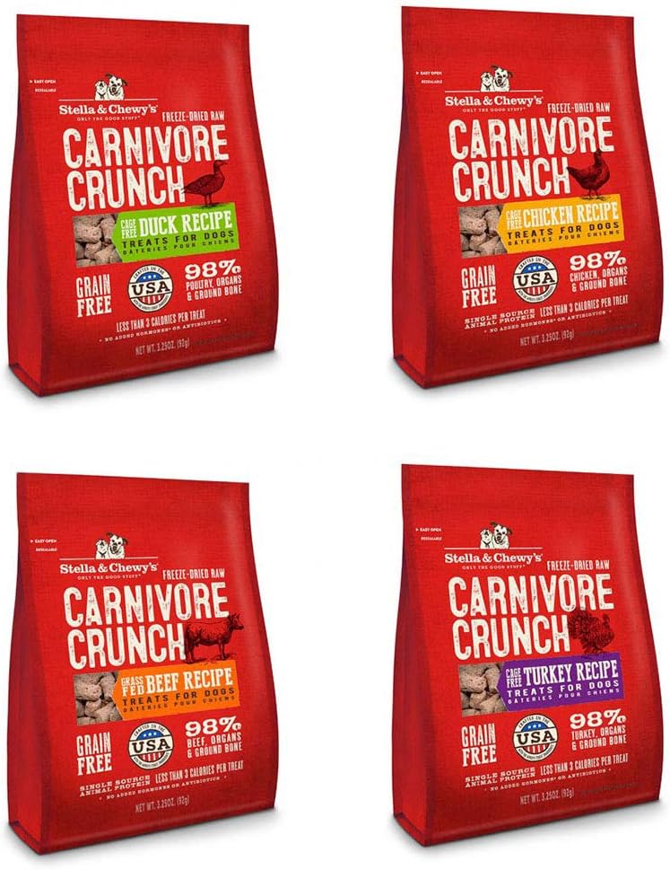 Stella and Chewy's Freeze Dried Carnivore Crunch Raw Dog Treats Variety Pack | 4 Dog Treat Bags 3.25 oz Each | Beef, Duck, Chicken,…