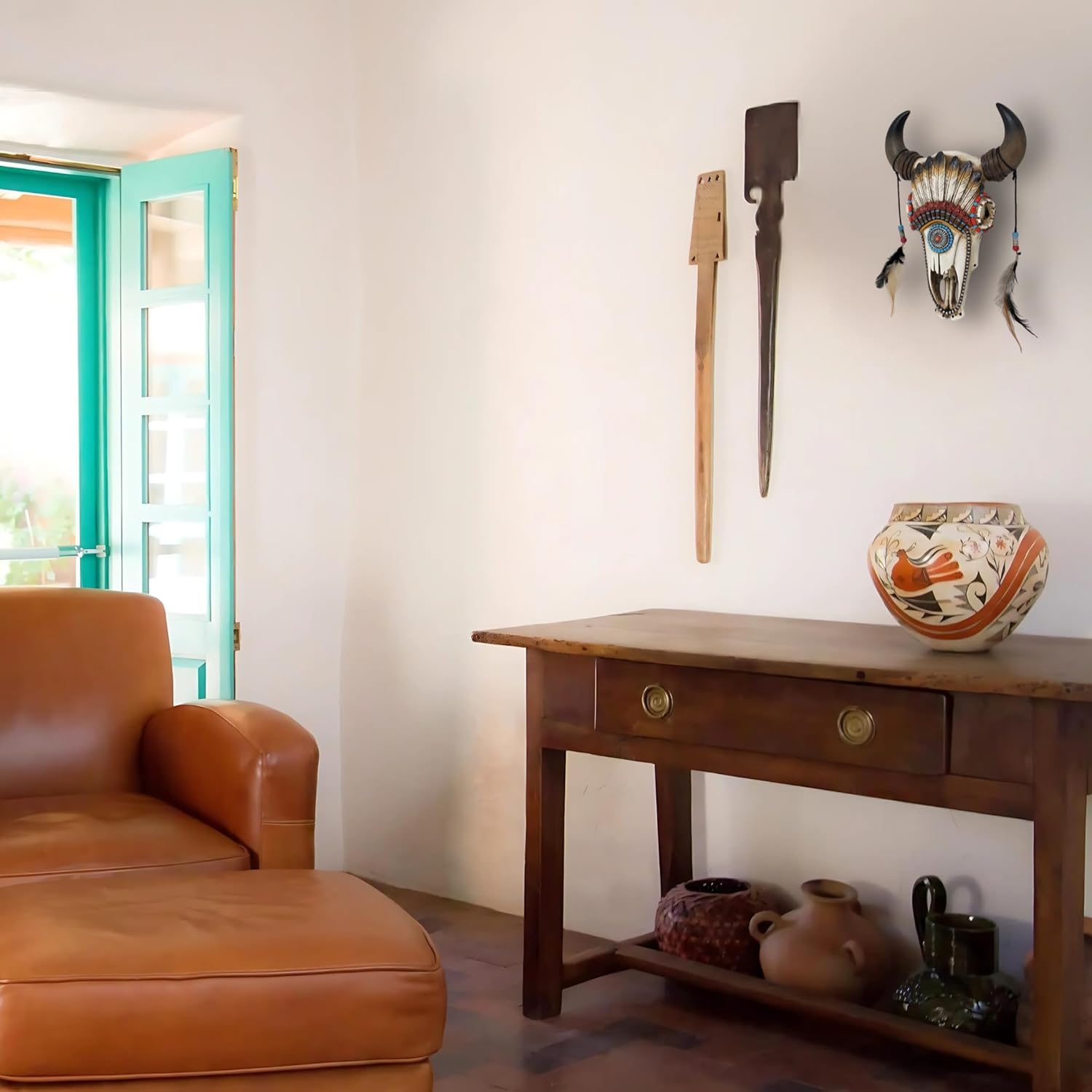 AMAJY Southwest Faux Bull Skull Wall Decor with Feather Headdress – Rustic Resin Western Art for Home Cabin or Lodge Boho Native American Style Decorative Sculpture Unique Cow Accent Piece