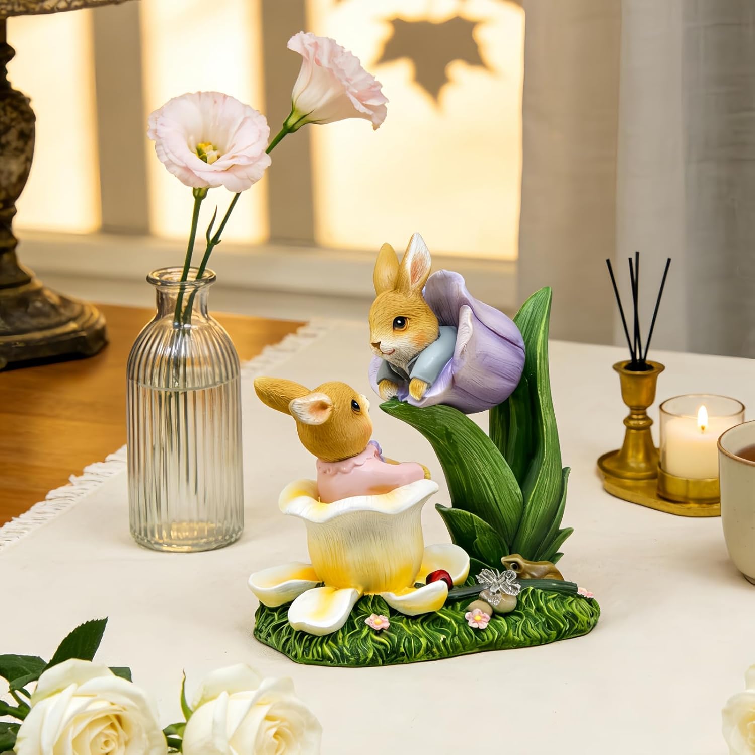 Bunny Tulip Flower Statue Easter Outdoor Rabbit Decor Resin Figurines Sculptures Birthday Decorative for Spring Party Supplies Home Garden Theme Statues, Yard Garden Decorations (Brown)