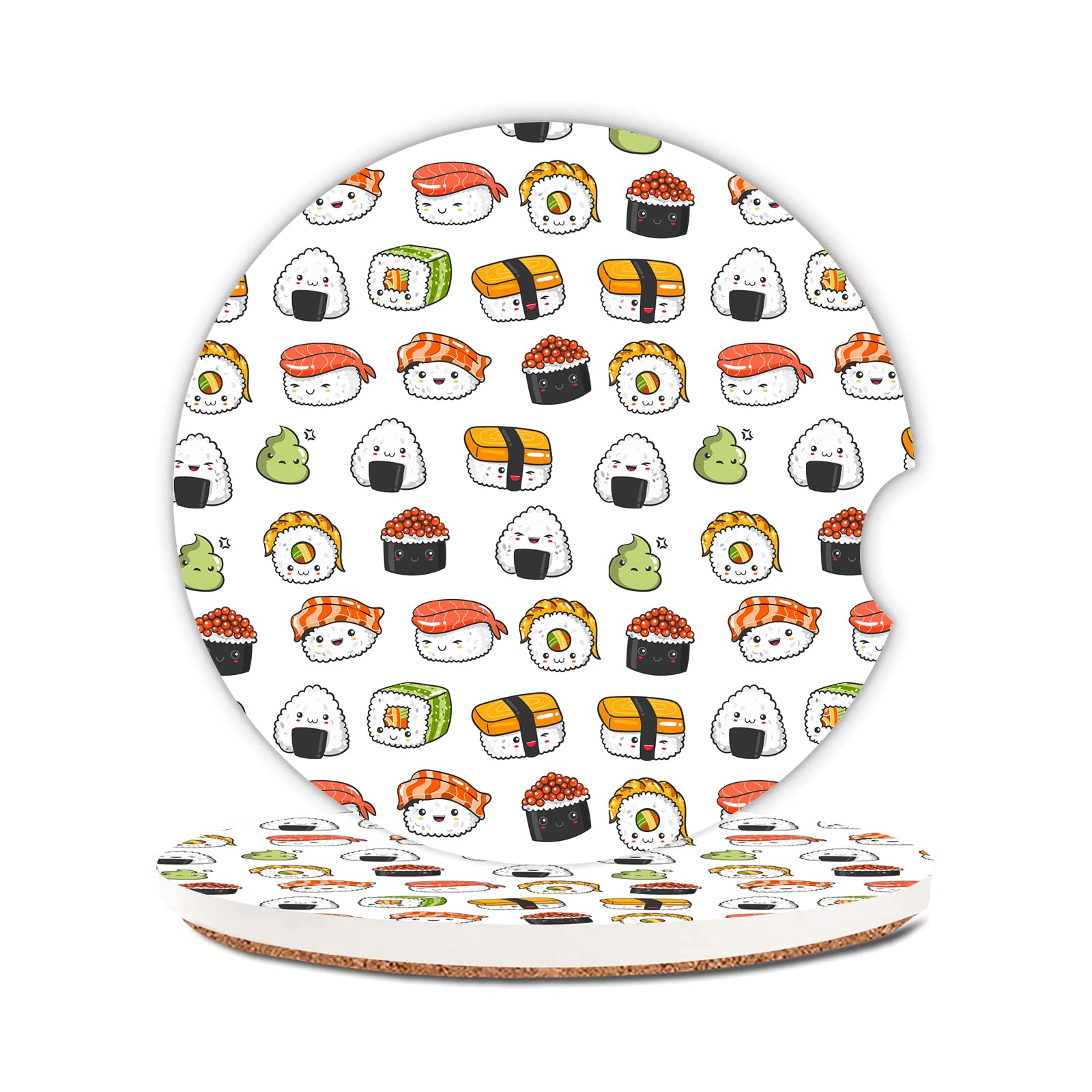 Japaness Sushi Print Cute Car Coasters 2 Pack Car Cup Holder,Absorbent Ceramic Coaster with Cork Back and Finger Slot,Cup Holder Accessories for Women & Men