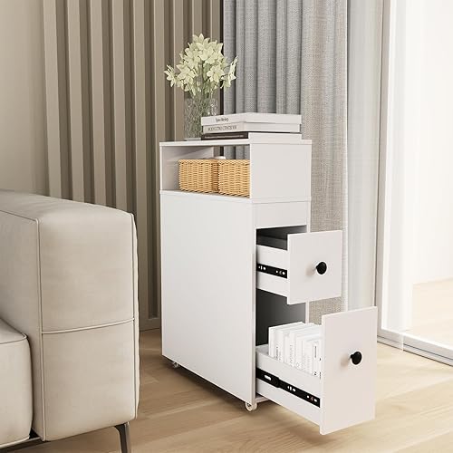 Miniatura 5 de Tangkula Slim Bathroom Storage Cabinet, Movable Narrow Toilet Side Cabinet w/2 Slide Out Drawers, 2 Rattan Baskets & Shelves, Toilet Paper Holder on