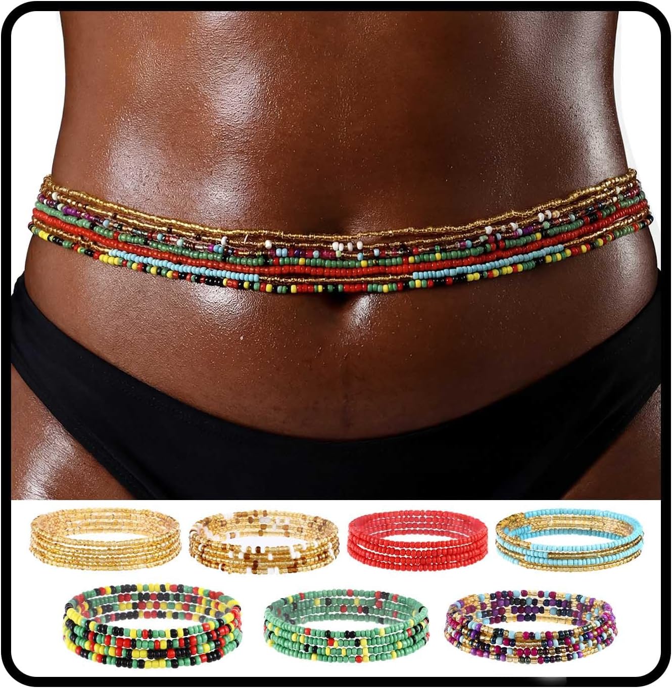 ELABEST African Waist Bead Chain Layered Belly Body Chain Beach 7 Pack Waist Jewelry Body Accessories for Women, 31.4 Inch (Pack of 7), Plastic, No Gems