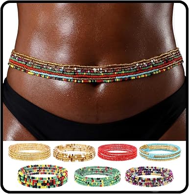 ELABEST African Waist Beads Chain Layered Belly Body Chain Beach 7Pack Waist Jewelry Body Accessories for Women
