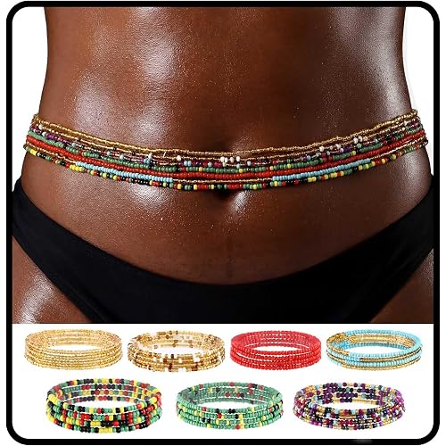 ELABEST African Waist Beads Chain Layered Belly Body Chain Beach 7Pack Waist Jewelry Body Accessories for Women