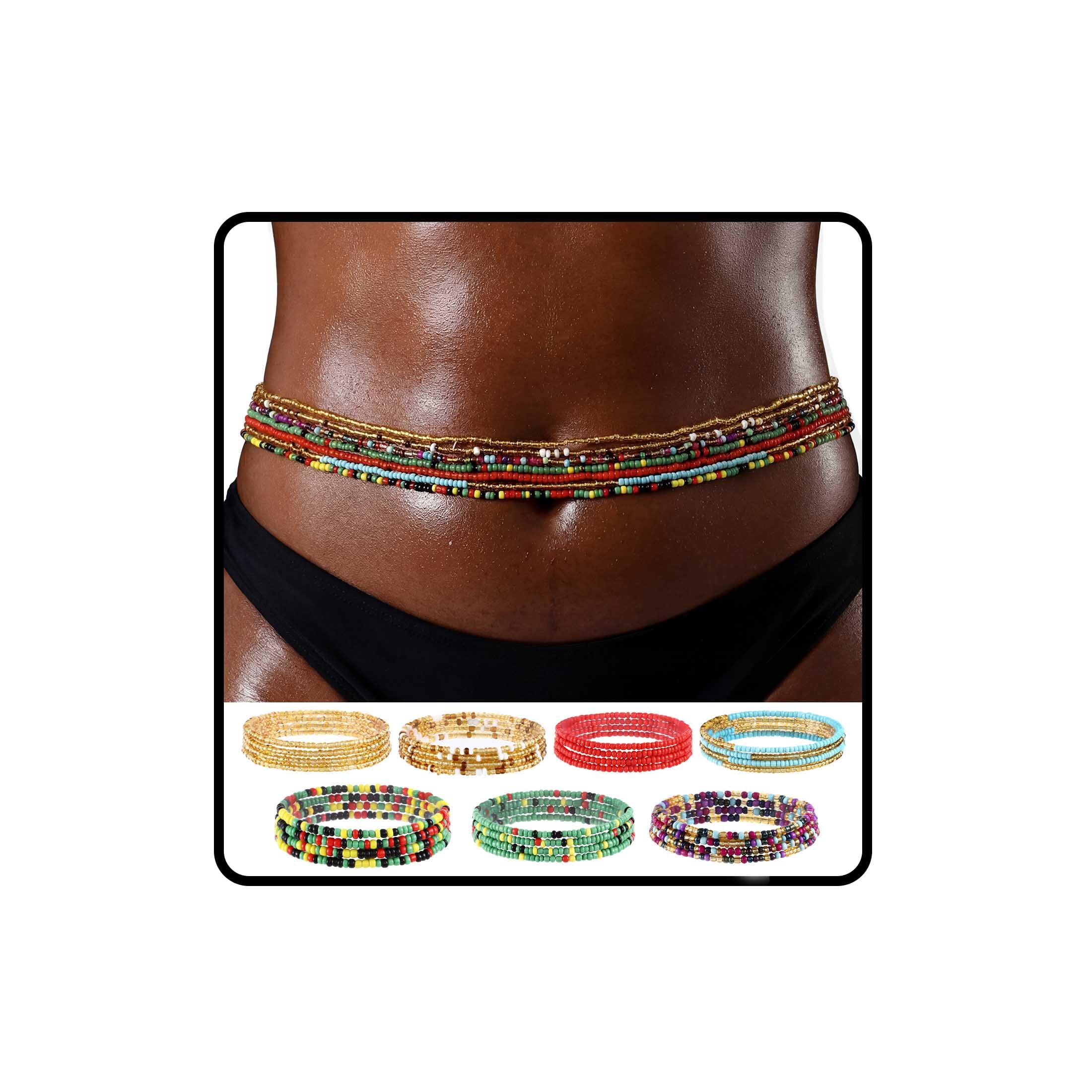 African Waist Beads Chain Layered Belly Body Chain Beach 7Pack Waist Jewelry Body Accessories for Women, 31.4 Inch (Pack of 7), Plastic, No Gemstone