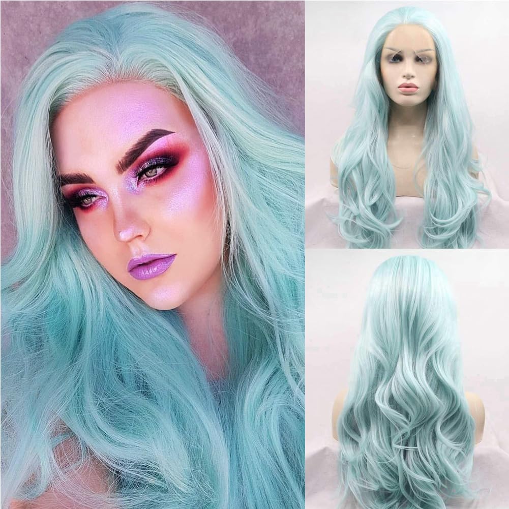 Kalisa Pastel Blue Wig for Women Long Wavy Ice Blue Free Part Wig Synthetic Lace Front Wig Heat Resistant Fiber Blue Glueless Wigs Daily Party Cosplay 24inch