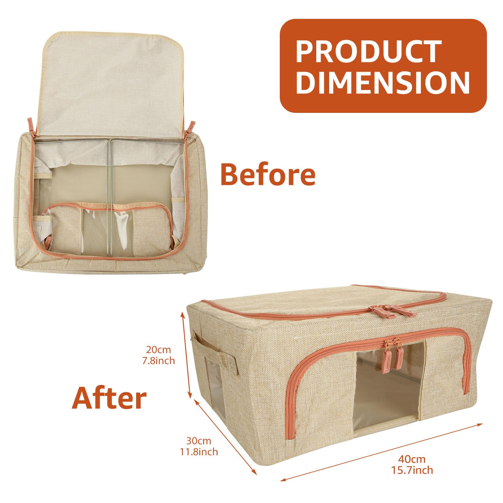 YOUNTHYE Paquete de 4 bolsas de almacenamiento de ropa, cajas plegables de almacenamiento de ropa de 24 L con tapas, ventana transparente y asas de transporte, caja de marco de acero de tela de lino
