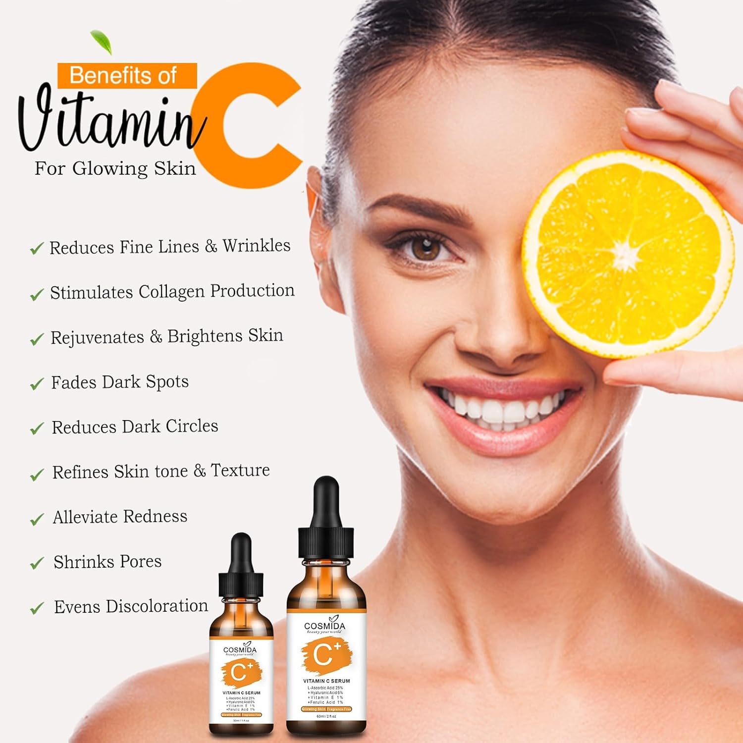 Vitamin C Face Serum with Hyaluronic Acid,Anti Aging Skin Brightening Serum for Dark Spots,Acne,Wrinkles to Visibly Glow,Korean Skin care Ferulic Acid serum for Sensitive Skin
