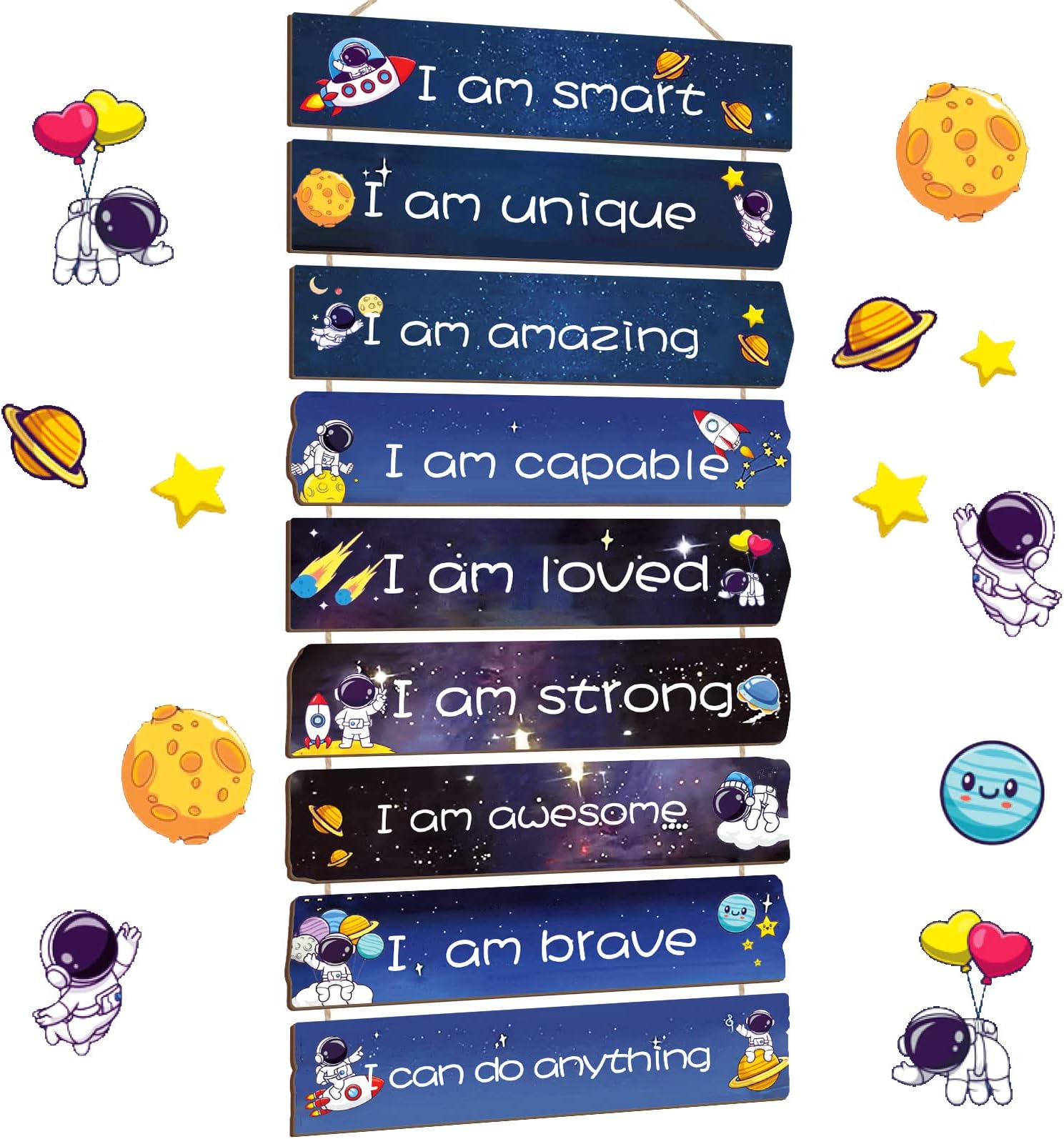 Chunful Set of 9 Boys Room Bedroom Decor Boys Inspirational Wall Decor Wood Hanging Plaque Motivational Kids Bedroom Wall Sign for Kids Teenage Toddler(Space)