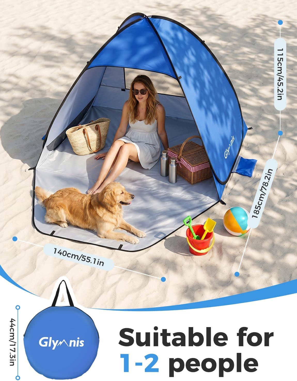 glymnis pop up beach tent beach shade tent for 1-4 persons sun shelter upf 50+ enclose zipper door portable easy up beach tent blue for 1-2 person