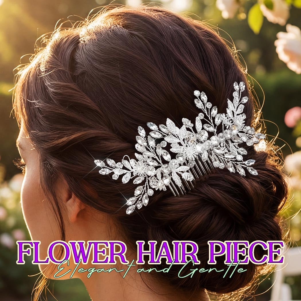 Rhinestone Wedding Hair Comb Gold Floral Bridal Hair Piece Crystal Hair Accessories for Women (Silver)