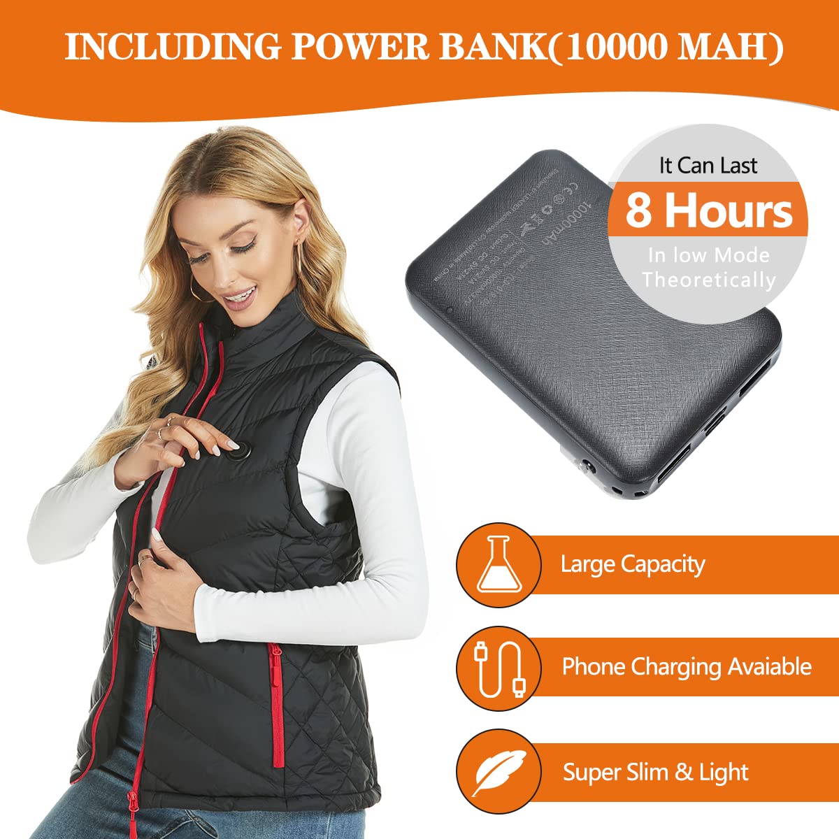 Gilet Riscaldato da Donna con Batteria 10000mAh, Gilet Elettrico Invernale Leggero Slim Fit Ricaricabile USB con Tasche – Ideale per Outdoor, Escursionismo, Sci, Regalo Invernale