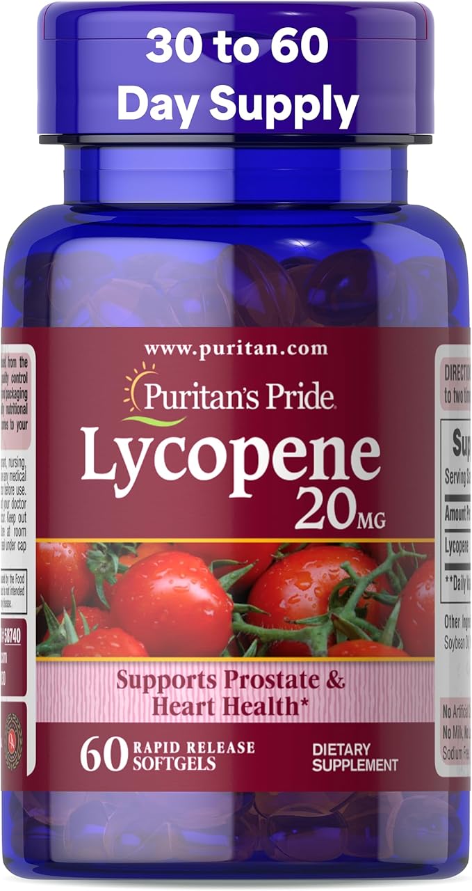 Puritan's Pride Premium Lycopene 20mg, Dietary Supplement for Prostate, Antioxidant, Heart Health, and Overall Health Support, 1 Month Supply, 60 Rapid Release Softgels