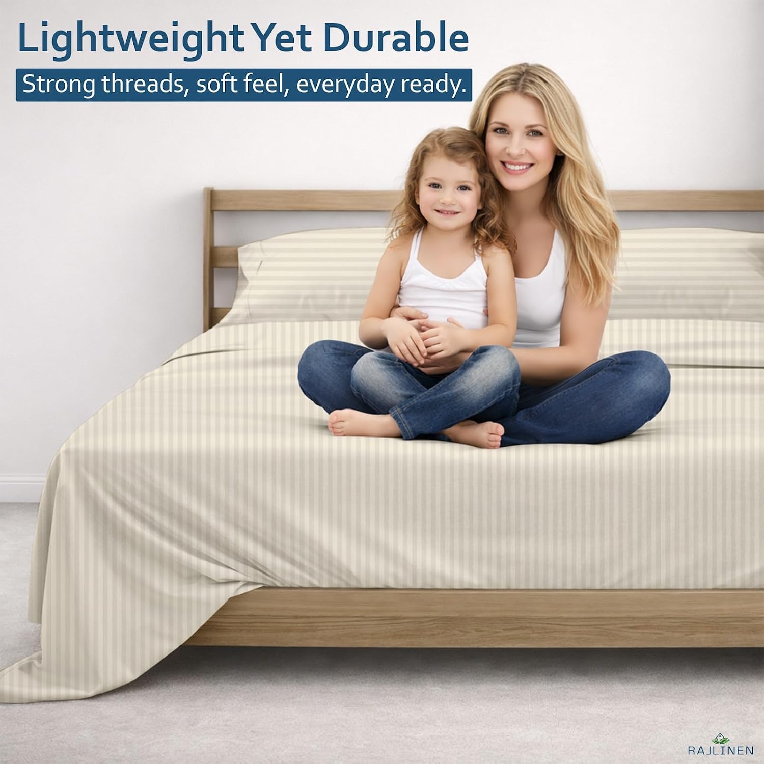 Rajlinen 100% Cotton California King Sheets Set, Cooling & Breathable Bed Sheets, 16 Inch Deep Pocket Fitted Sheet with All-Around Elastic, Soft & Durable Bedding Set, Ivory Stripe