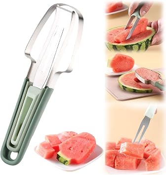 3-in-1 Watermelon Fork Slicer Cutter, Upgraded Watermelon Cutter Slicer Tool, Stainless Steel Fruit Cutter, Watermelon Slicer, Multifunctional Tool for Slicing Fruit Green