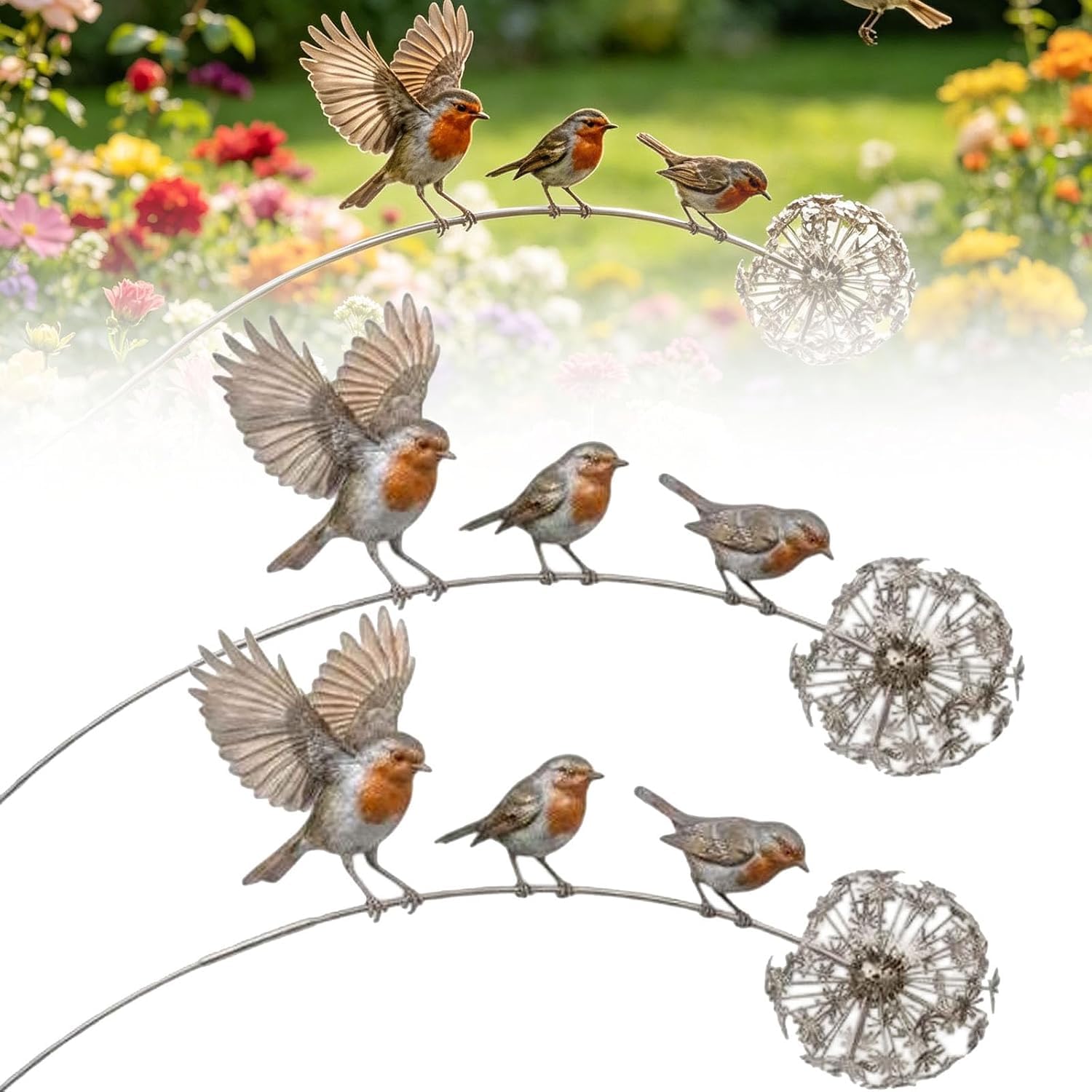Robin Garden Stake | 2Pcs Metal Robin Garden Ornament | Rustic Bird Yard Art Decorations With Dandelion Accent | Memorial Bird Garden Ornaments For Outdoor Lawn Flower Patio Backyard