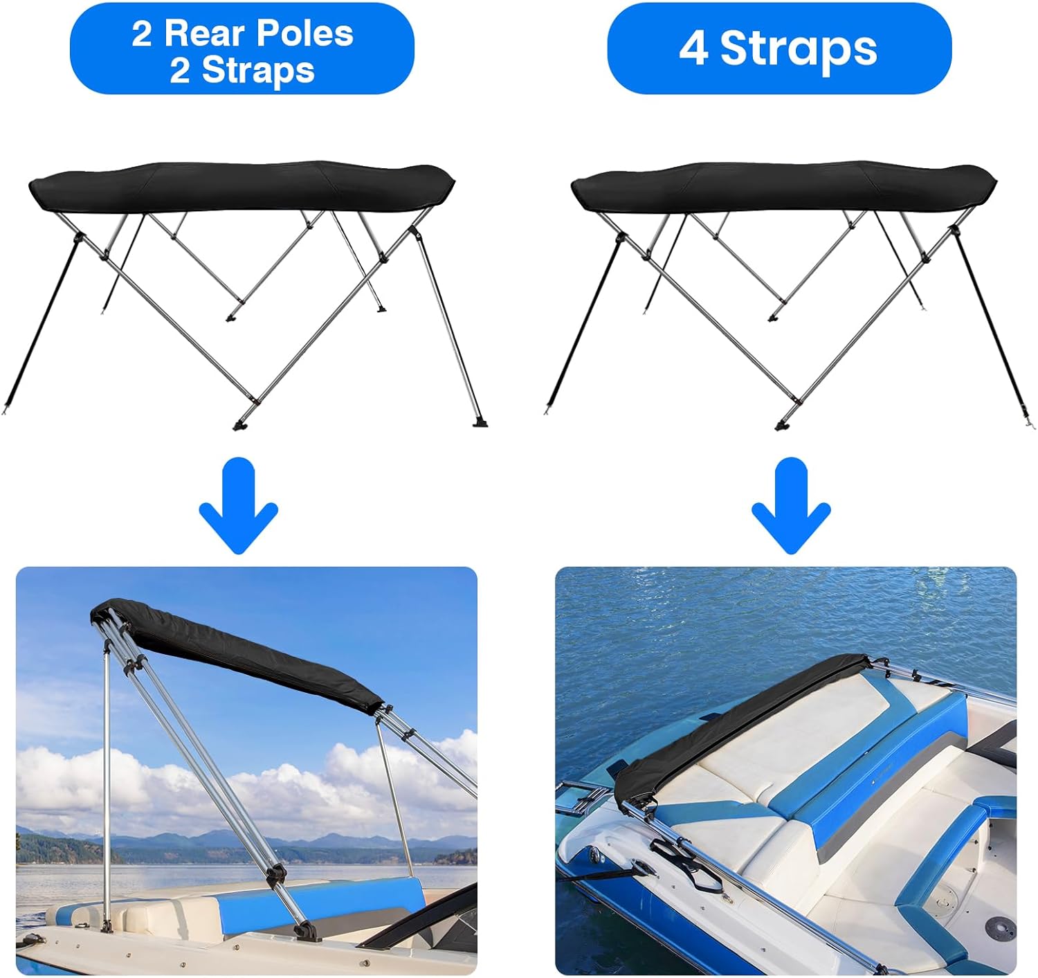 Leader Accessories 3 Bow 4 Bow Bimini Top Cover for Boat with Mesh Sidewalls Includes 4 Straps 2 Rear Support Poles Storage Boot 1" Aluminum Frame (Black, 4 Bow 73"-78" W)