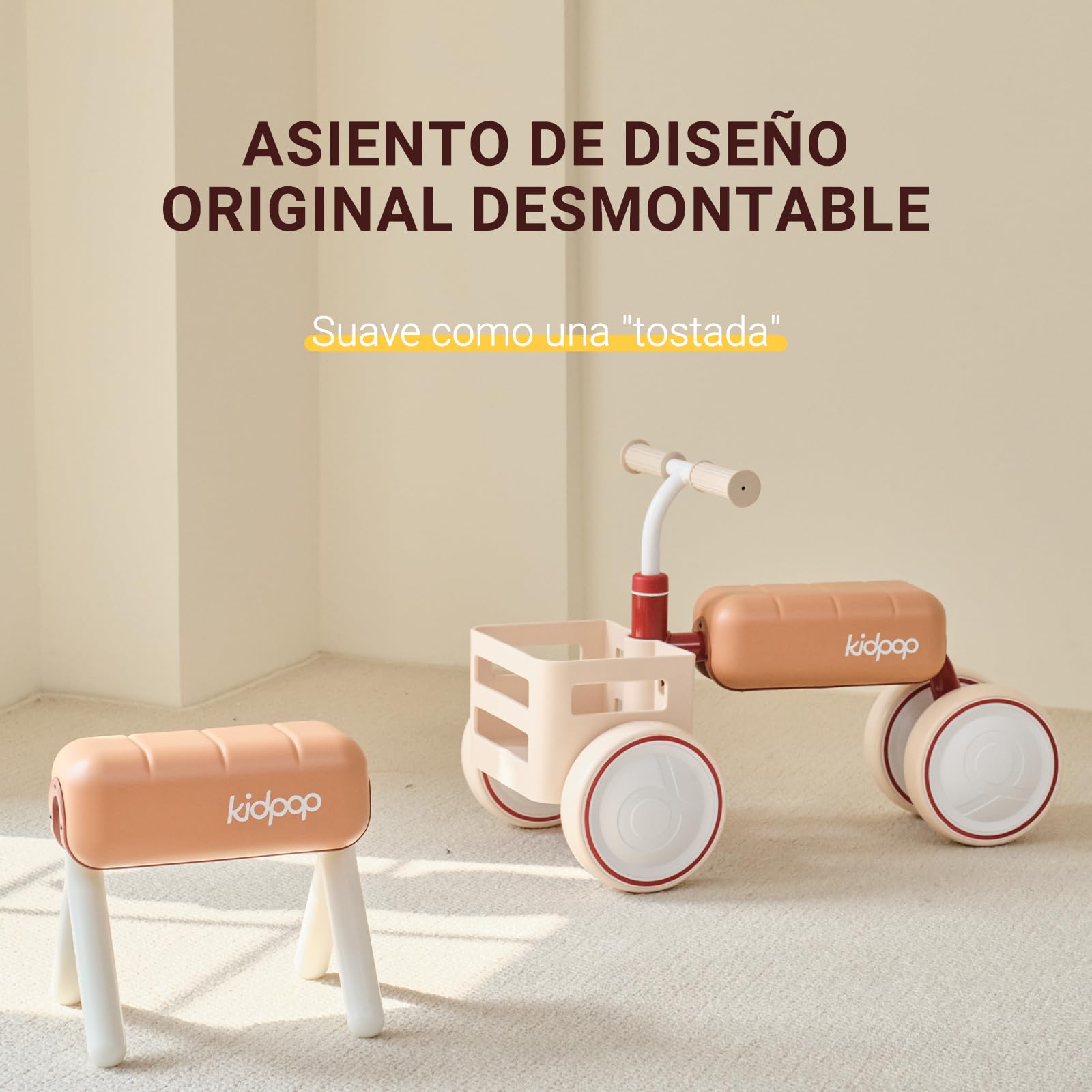Kidpop Toast Bicicleta sin Pedales, Bicicleta de Equilibrio, Juguete Bebés de 10 a 36 Meses, 4 Ruedas de EVA, Cesta extraíble Apta para Alimentos, Asiento Desmontable, Verde