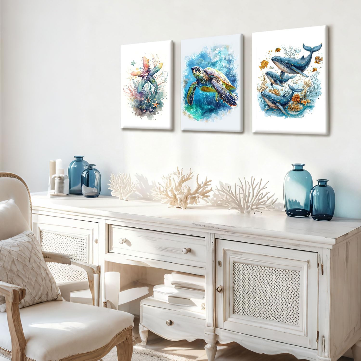 NCCXNCC 3Pcs Marine Animal Canvas Wall Art Beach Bathroom Print Posters Watercolor Sea Turtle Whale Starfish Pictures Marine Life Artwork Paintings Living Room Children's Room Wall Decoration16x24 IN