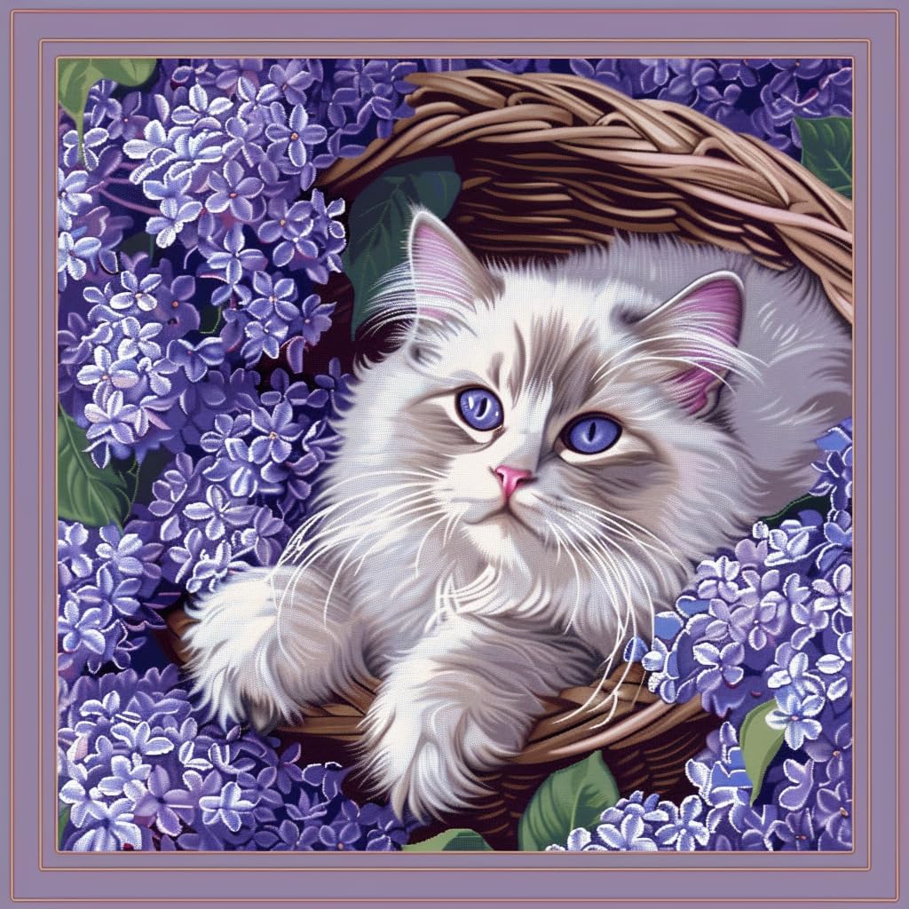 Generic White Cat in Basket Lilac Hyacinth Flower DIY 11CT Stamped Cross Stitch Kits for Beginners Easy Needlepoint Embroidery Counted Cross Stitch Art Craft for Wall Decoration 14x14inch(9)