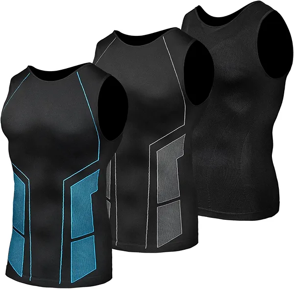 Odoland 3 Pack Men Compression Shirt, Tummy Control Slimming Undershirt Tank Top Men Body Shaper Black/Blue/Grey Medium