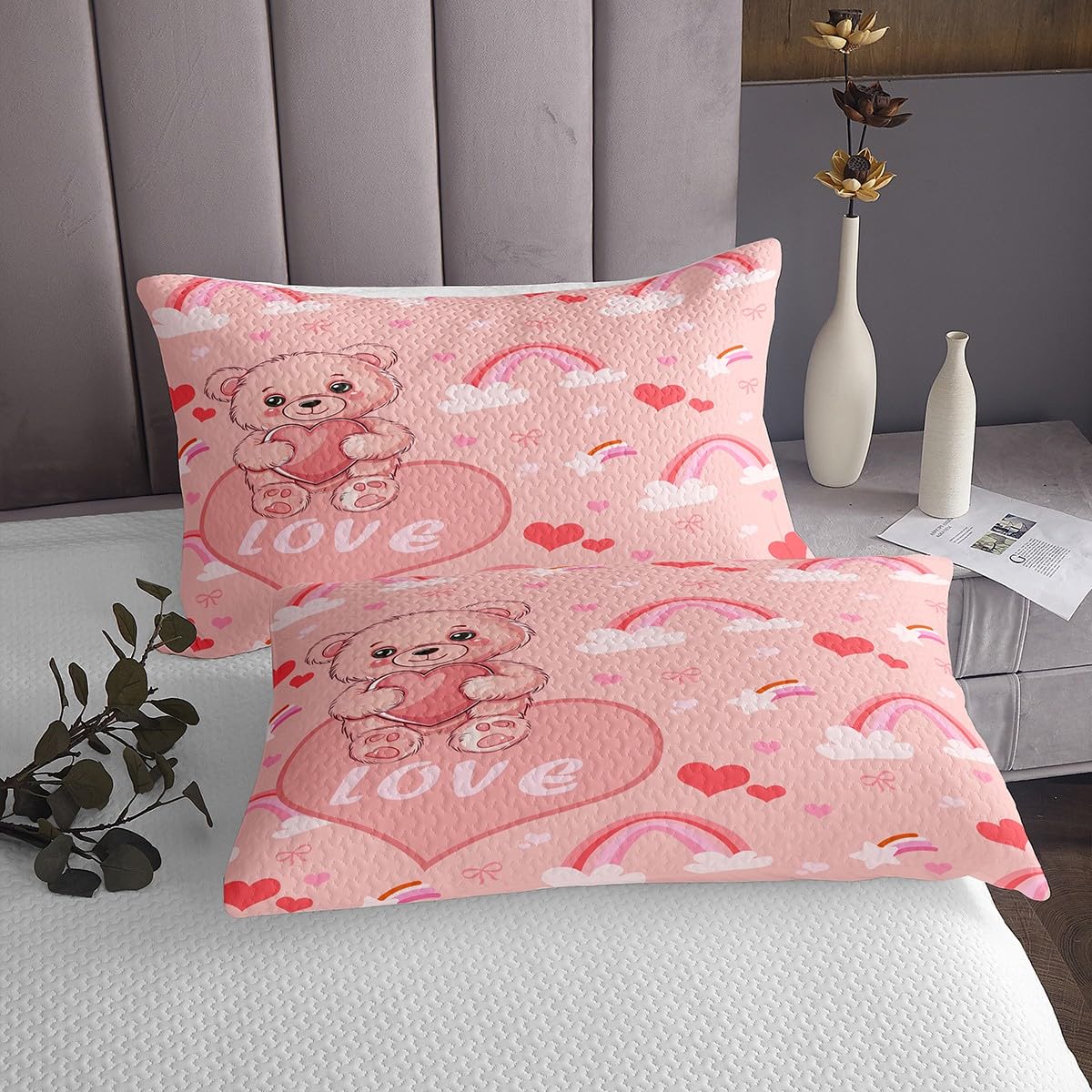 Homewish Kawaii Bear Coverlet Set Queen Size,Pink Love Heart Shape Print Durable Bedspread for Girls Teens,Lovely Stars Rainbow Bowknot Soft Polyester Quilt Set, with 2 Pillowcases