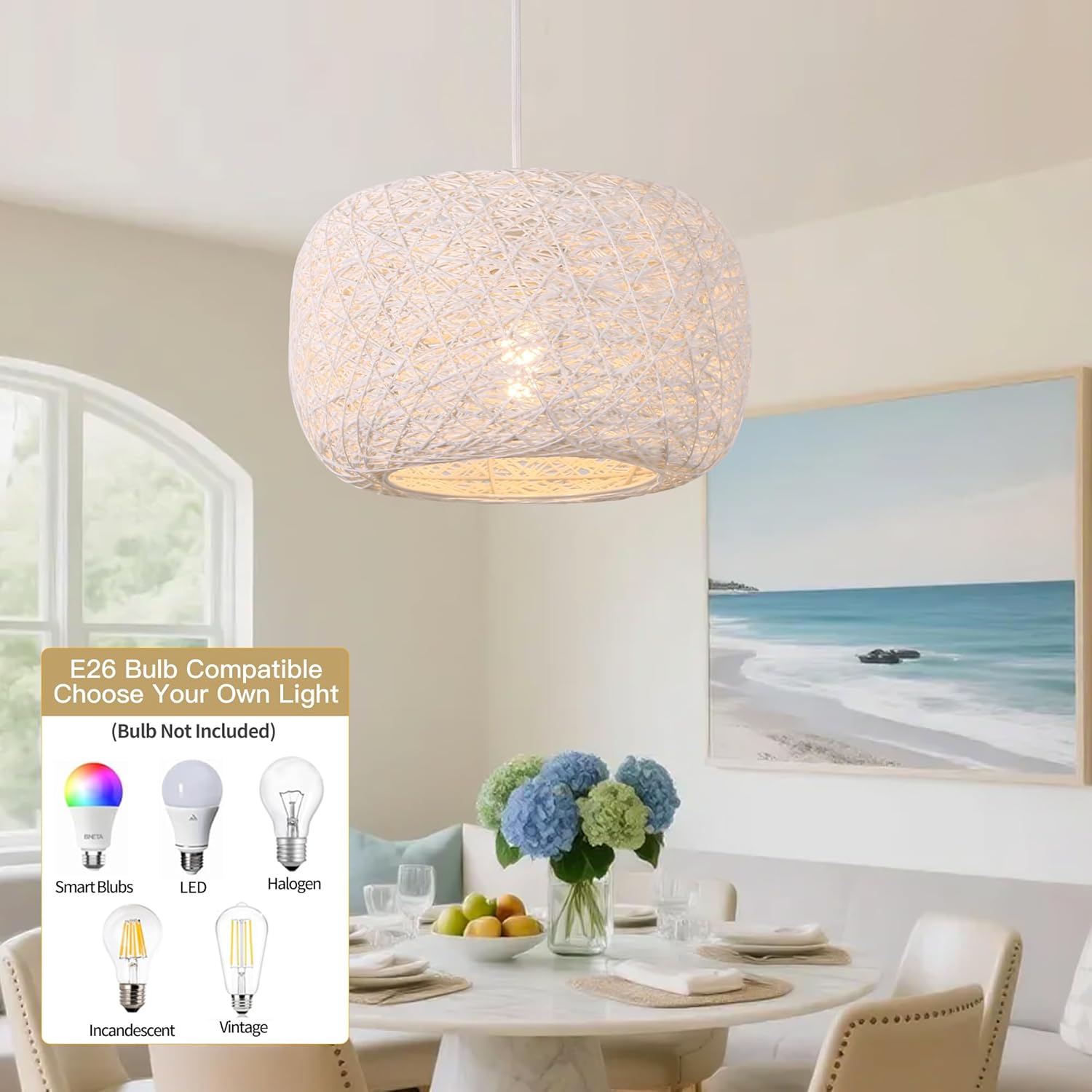 Plug in Pendant Light with Woven Rattan Lampshade, 12” Boho Hanging Lamp with 15FT Cord & On/Off Switch, E26 Socket, Ceiling Hook Installation for Bedroom Living Room Dining Nook Apartment