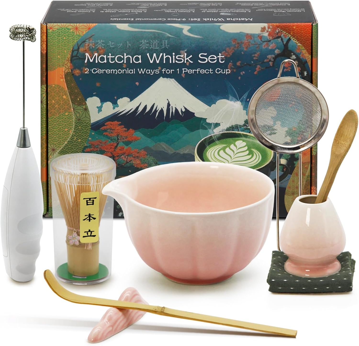 Matcha Whisk Set Incl. Ceramic Bowl With Spout, Whisk (Chasen), Stand, Bamboo Scoop, Sifter, Electric Frother, Tea Towel etc. 9 Pcs Matcha Making Starter Kit, White&Pink