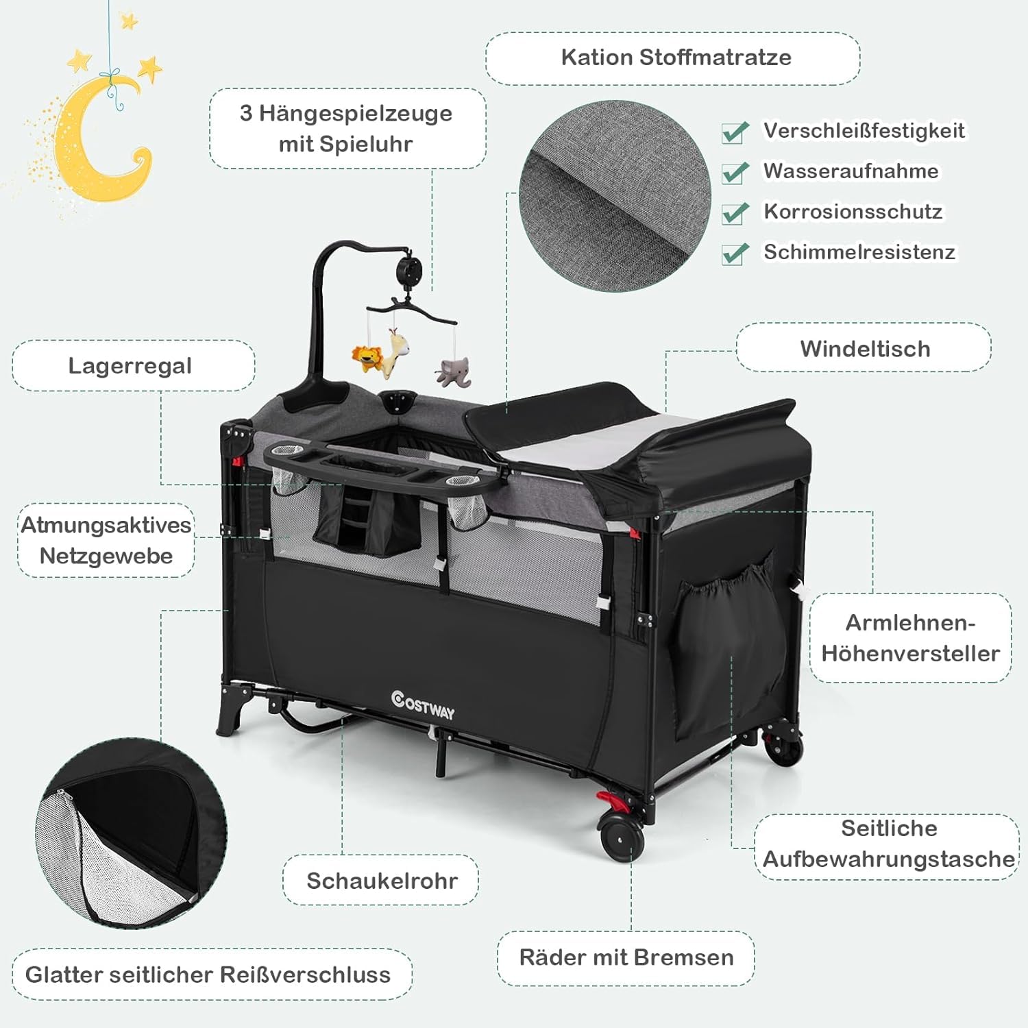 FANTASK 5-in-1 Babybett 120 x 60 cm, faltbares Beistellbett mobil 4-stufig verstellbar für Baby bis 15 kg