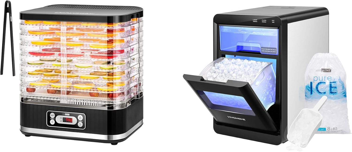 VIVOHOME Electric 8 Trays Dehydrator Machine with 72H Digital Timer and Temperature Control for Fruit Vegetable Meat and 45lbs/Day Soft Chewable Nugget Ice Maker with Self-Cleaning, Scoop, 10 Ice Bags