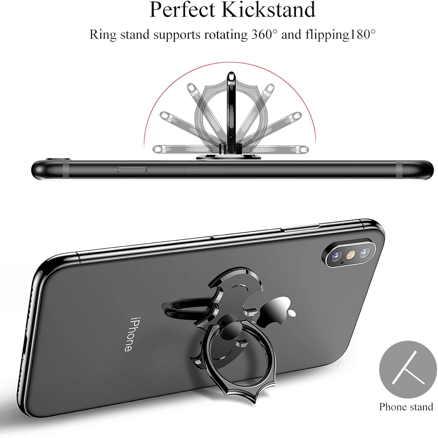 Bat Phone Ring Stand Holder - OATSBASF Cell Phone Ring Holder Finger Grip 360 Degree Rotation Compatible with iPhone 17/16/15/14/13 Pro Max and Other Smartphones（Black+Silver）