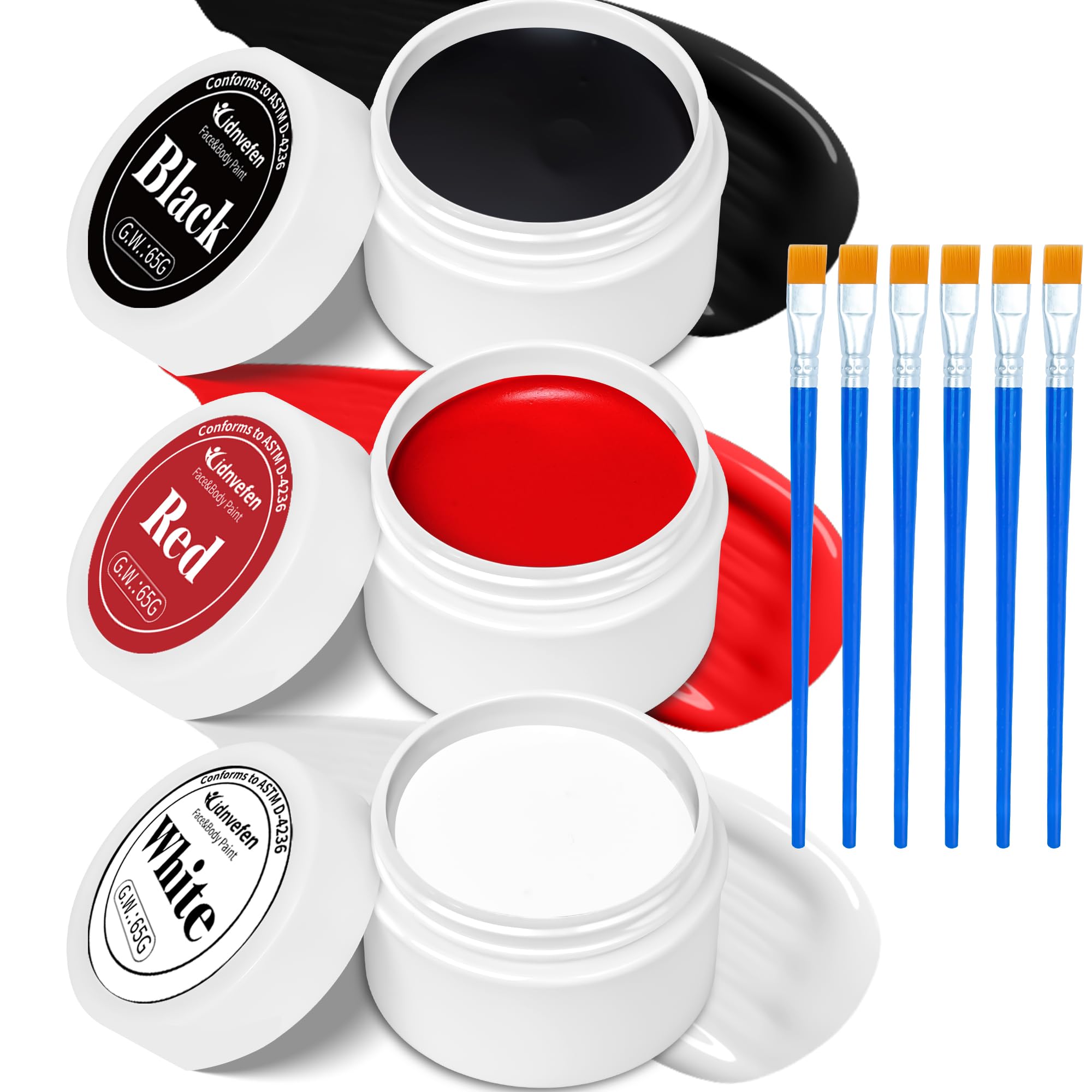 3 Colors Oil Based Face Body Paint Set with 6 Brushes, White Black Red Clown Makeup Kit for Halloween Goth Pennywise Joker Devil Zombie Vampire Skeleton SFX Cosplay Stage, Non Toxic for Kids & Adults