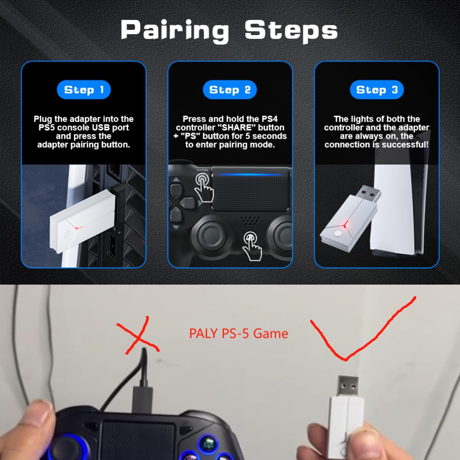Pairing steps for the Bonacell Wireless Controller with PS5 via USB adapter