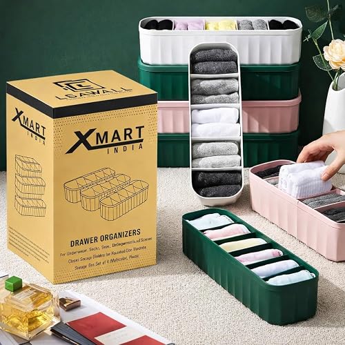 XMART INDIA Drawer Organizers for Underwear, Socks, Bras, Ties, Undergarments, and Scarves - Closet Storage Dividers for Household Use Wardrobe Storage Box Set of 4 (Multicolor), Plastic
