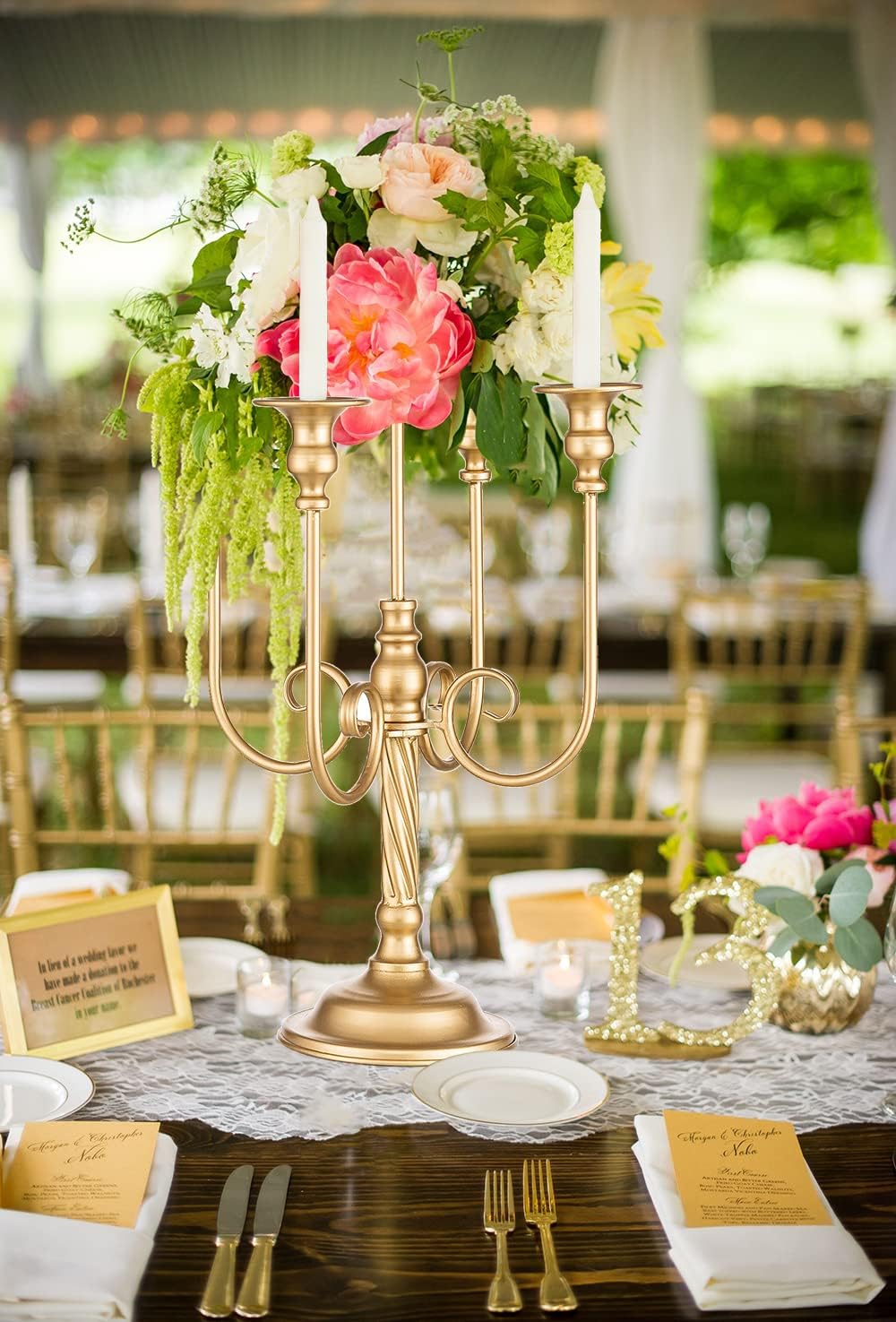 Candelabro de metal dorado para velas de 20 pulgadas de alto, 5 velas para velas cónicas, portavelas para centro de mesa de boda, Navidad, San Valentín, vacaciones, fiesta, evento, decoración de 4