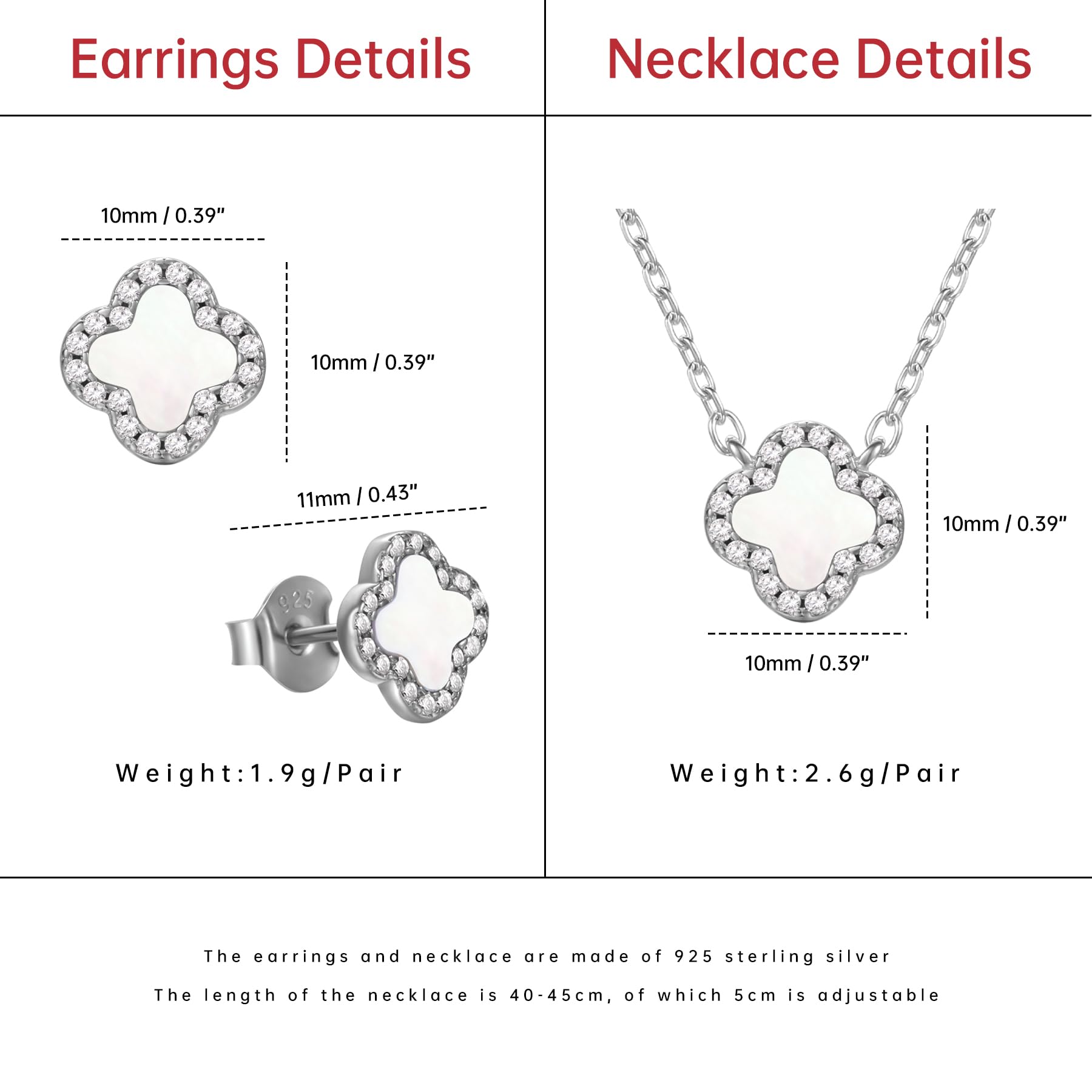 925 Silber Weißes Kleeblatt Ohrringe Halskette Set für Damen | Weißes Perlmutt Kleeblatt Set,925 Silber,Hypoallergen,Rhodiniert,Geschenk für Damen,Hochzeit,Weihnachten,Geburtstag