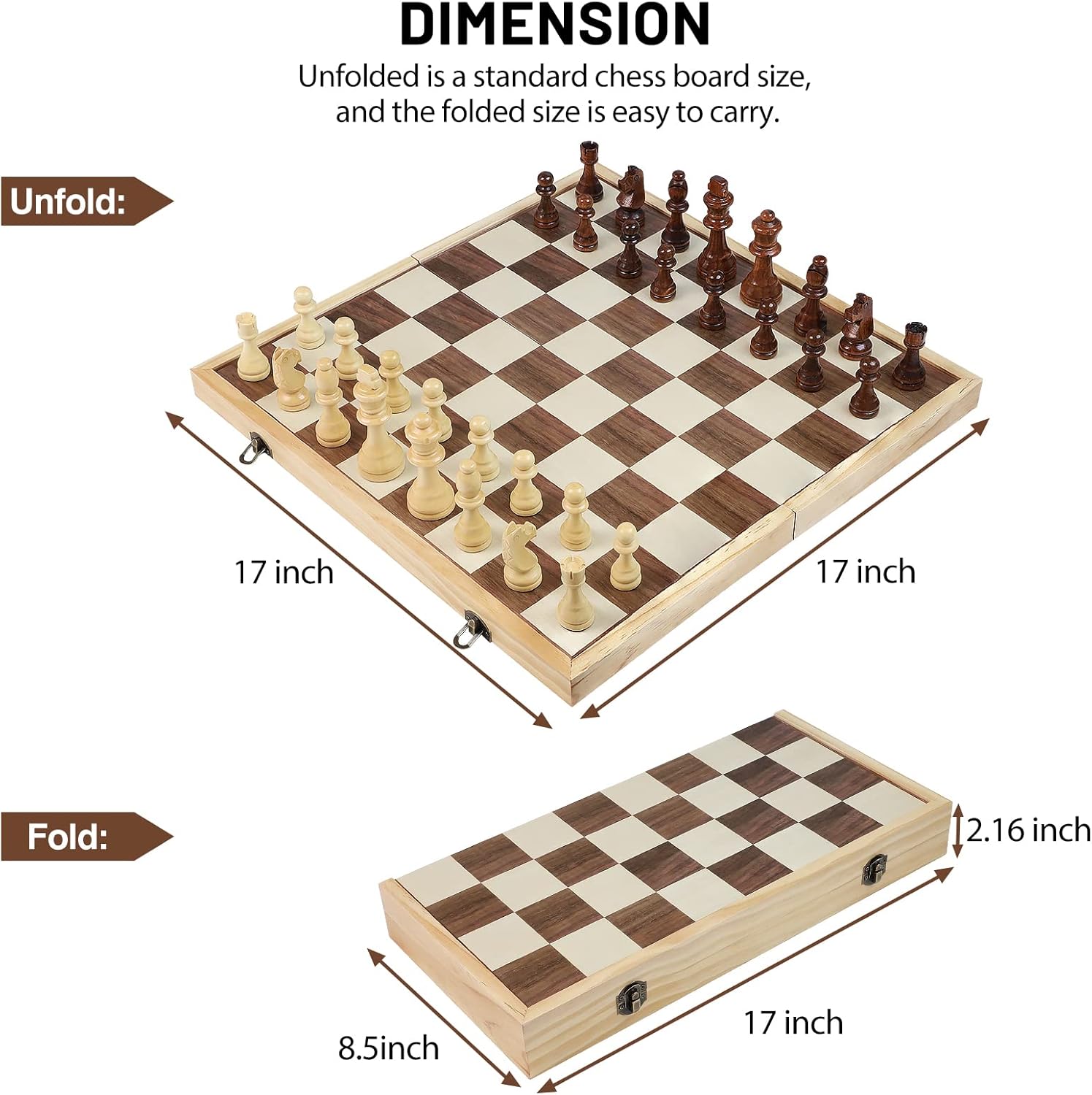 LEAP Wooden Chess Set 17" Inches - 2 Extra Queens - Folding Board Raised Edge, Handmade Portable Travel Chess Board Game Sets with Game Pieces Storage Slots - Chess Set for Adults and Beginner