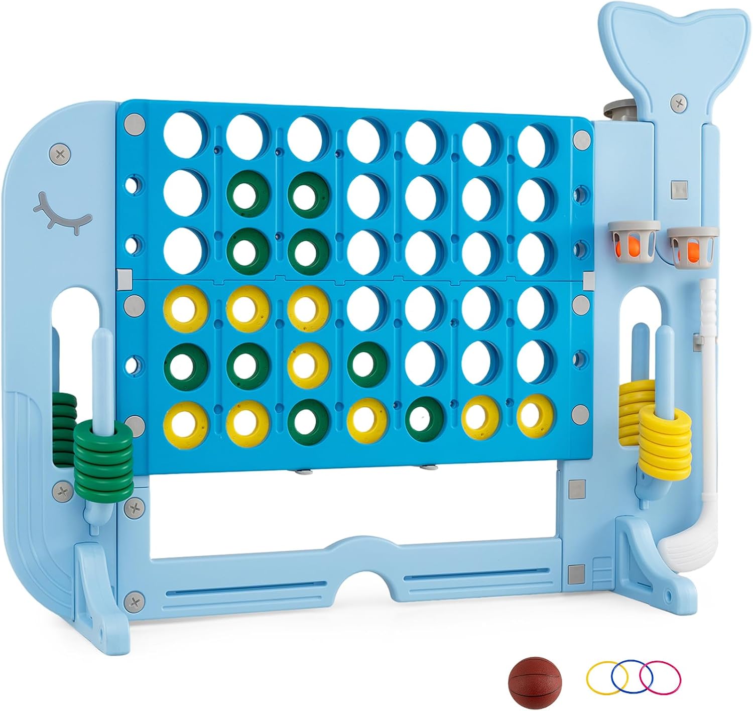 COSTWAY Giant 4-in-a-Row Game Set, Whale Design Jumbo 4-to-Score for Kids and Adults w/3 Adjustable Heights, Basketball, Golf, Ring-toss, Cup Holders, Indoor Outdoor Party Yard Games for Lawn (Gray)