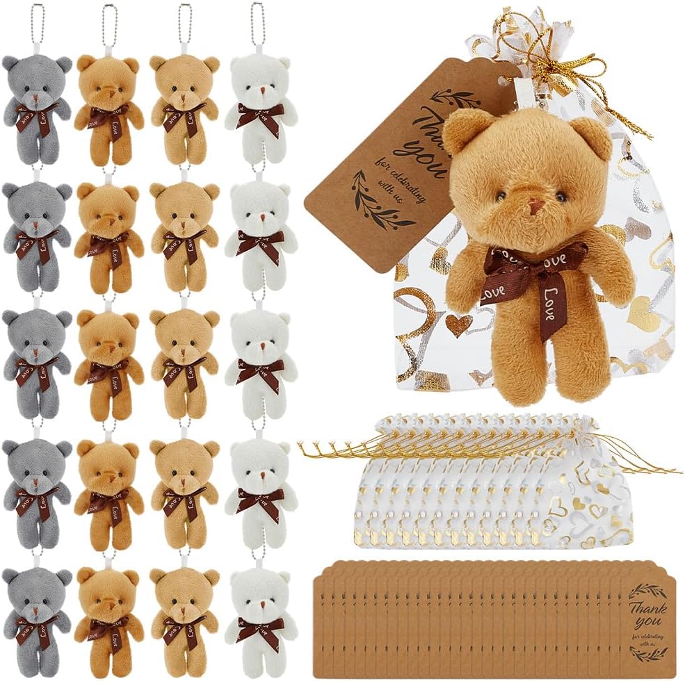 FREEBLOSS 32 Set Mini Bear Baby Shower Decorations First Baby Shower Favors Plush Bears Bulk with Organza Bags and Thank You Tags for Party Decor and Supplies 4 Colors