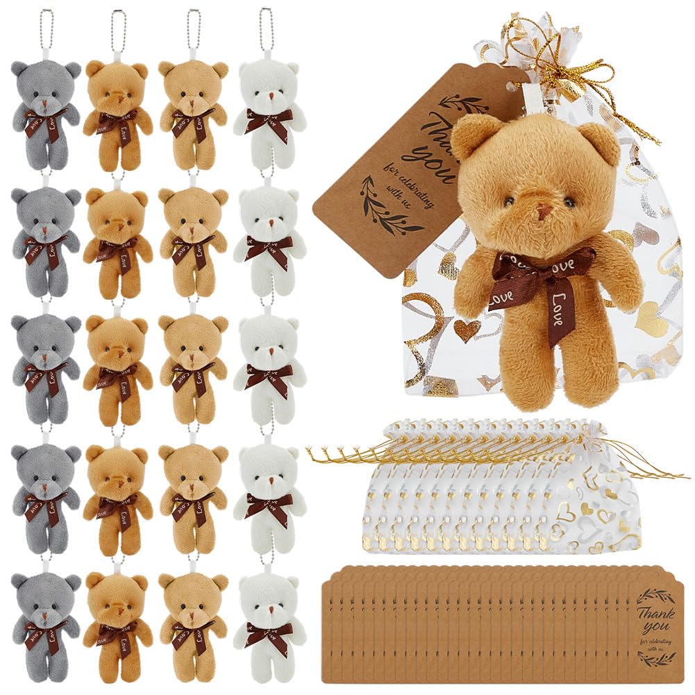 FREEBLOSS 32 lot de Mini Oursons en Peluche pour Baby Shower Cadeaux pour la Première Baby Shower avec Sachets en Organza et Étiquettes de Remerciement 4 couleurs