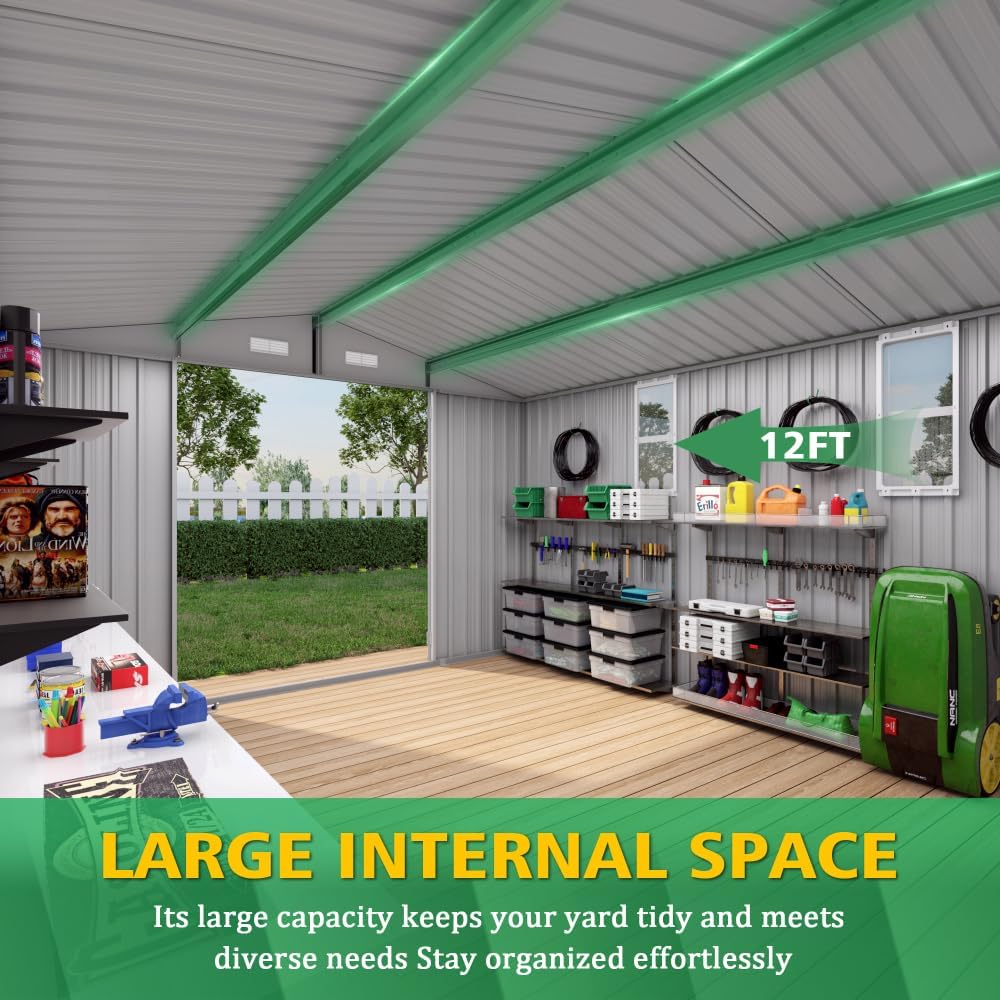 Large Outdoor Metal Storage Shed 10x12 ft, Double Door with Two Windows, Waterproof Tool Shed for Backyard, Patio, Lawn or Poolside, Grey