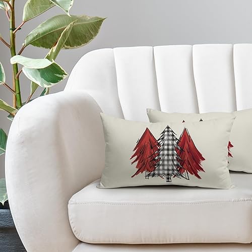 Miniatura 5 de Juego de 2 fundas de almohada lumbar con diseño de acuarela para árbol de Navidad, 12 x 20 pulgadas, color rojo, negro y blanco, a cuadros,