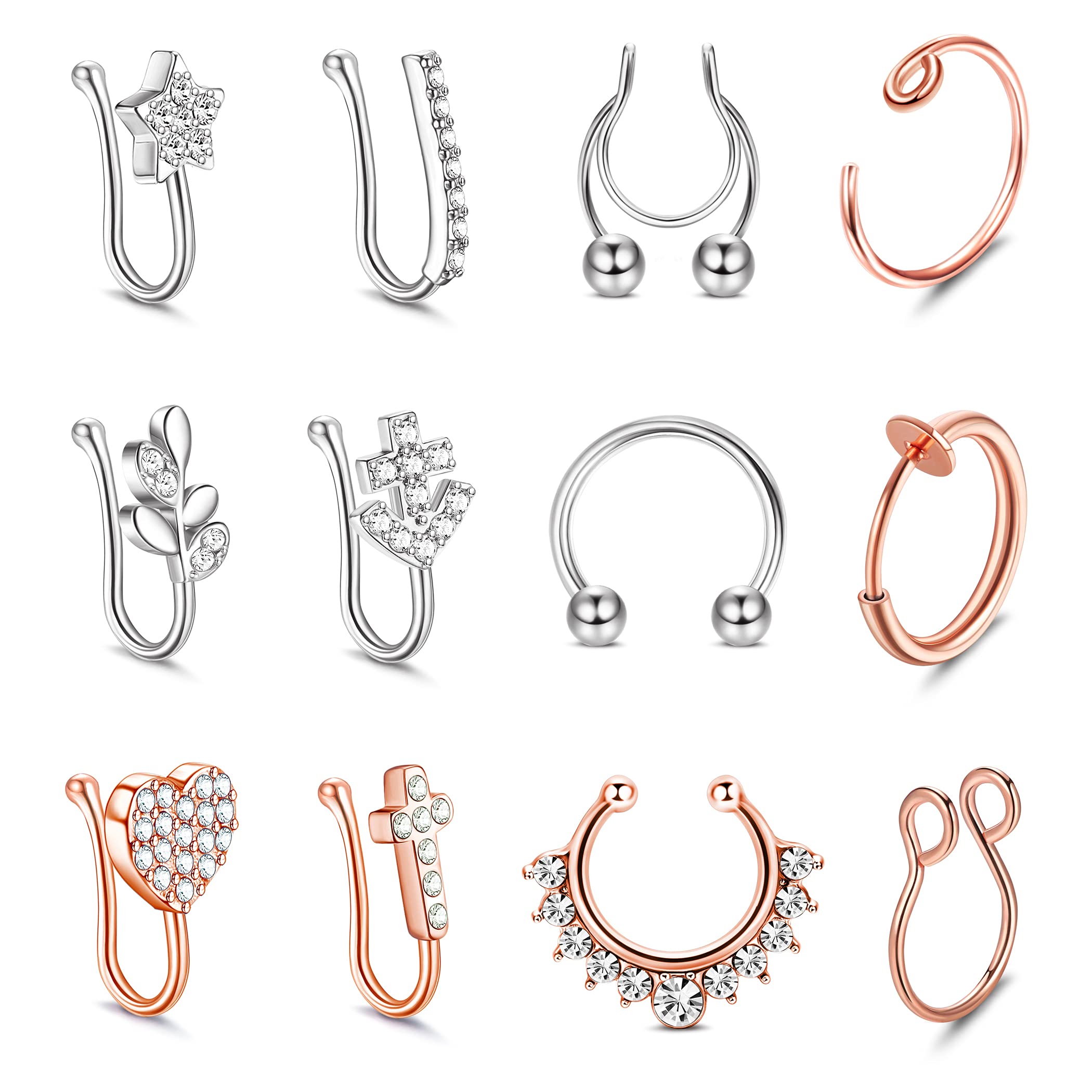 Kakonia 12PCS Anillos de nariz falsos Clip en anillo de nariz de acero inoxidable falso labio oreja nariz septum anillos de imitación no Piercing anillo de nariz para las mujeres los hombres