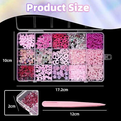 Miniatura 6 de Dijes para caja de basura, dijes de uñas 3D y gemas, lazos de mariposa de color rosa, flores diminutas de estrella, perlas de uñas, gemas de cristal