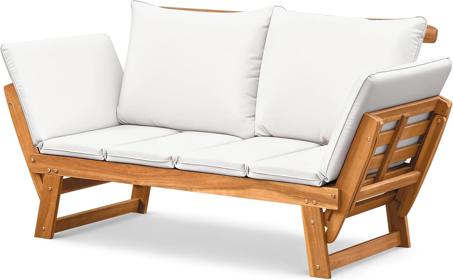 Flamaker Outdoor Couch with Adjustable Armrests, Acacia Wood Patio Loveseat with Soft Cushions, Convertible Patio Furniture for Balcony, Porch, Backyard (White)