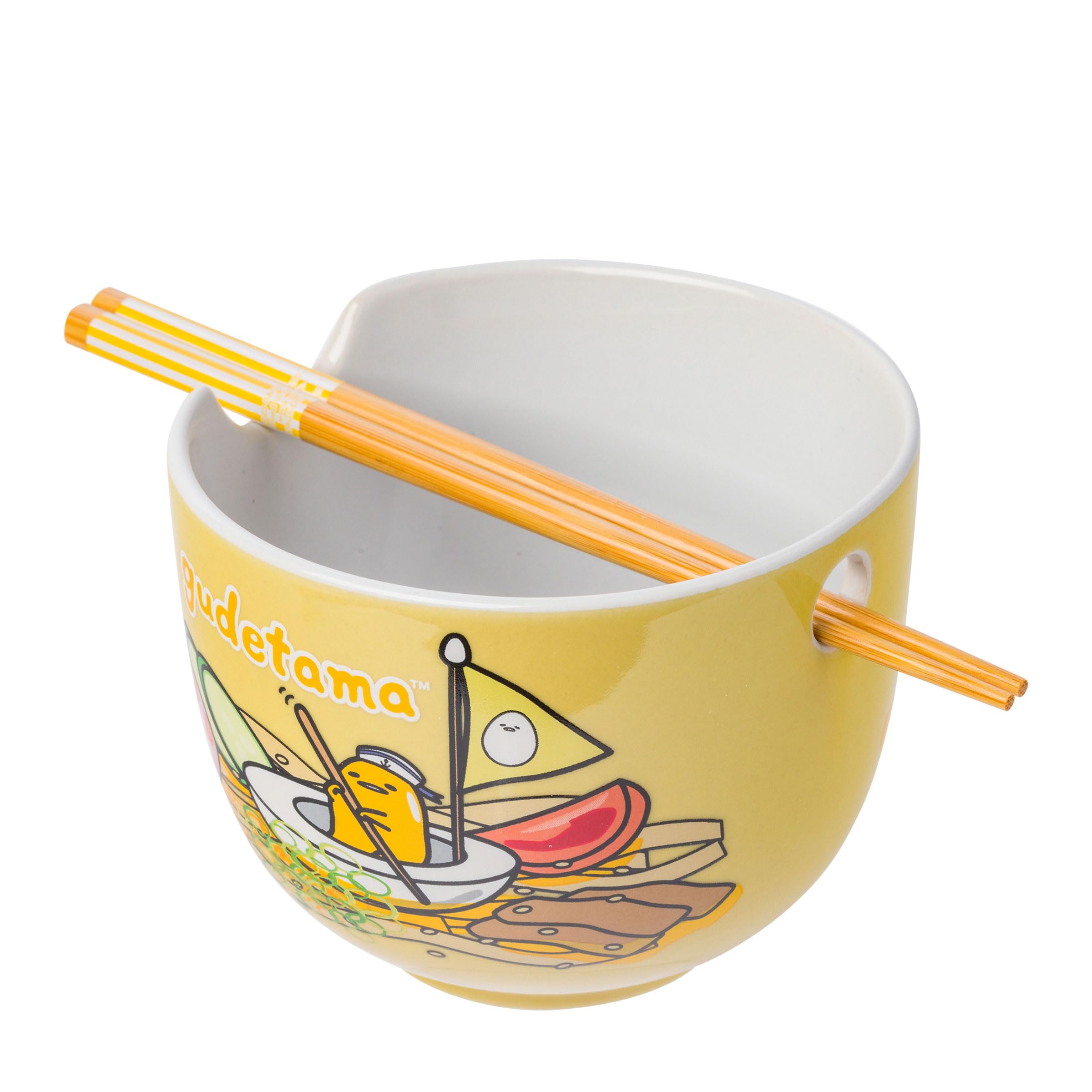 Silver BuffaloSanrio Gudetama Lazy Egg Sailing In Ramen Ceramic Ramen Noodle Rice Bowl with Chopsticks, Microwave Safe, 20 Ounces