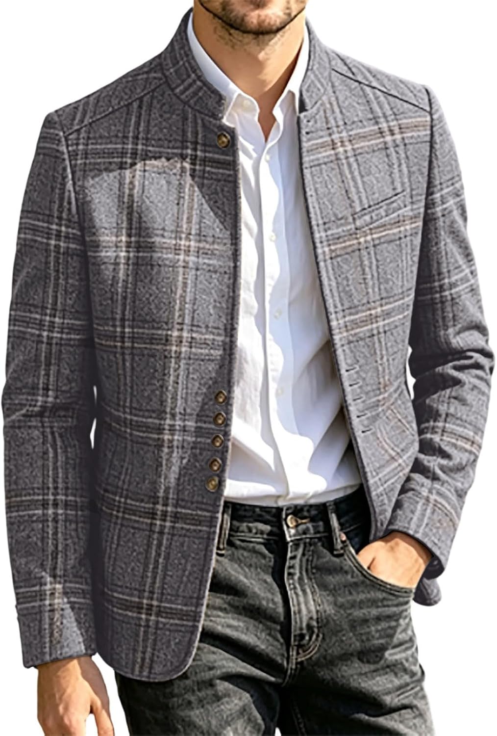 Men Plaid Blazer Jacket Stand Collar Single Breasted Formal Coat