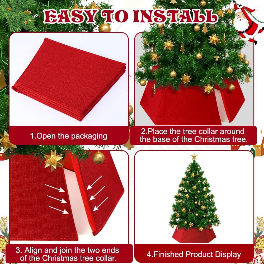 26''Christmas Tree Red Collar Skirt Stand,Foldable Linen Farmhouse Rustic Tree Ring for Artificial Christmas Tree Decor Base Cover Holiday Home Party Decoration